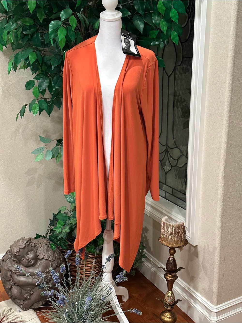 Attitudes by Renee Orange Open Drape Long Sleeve Cardigan